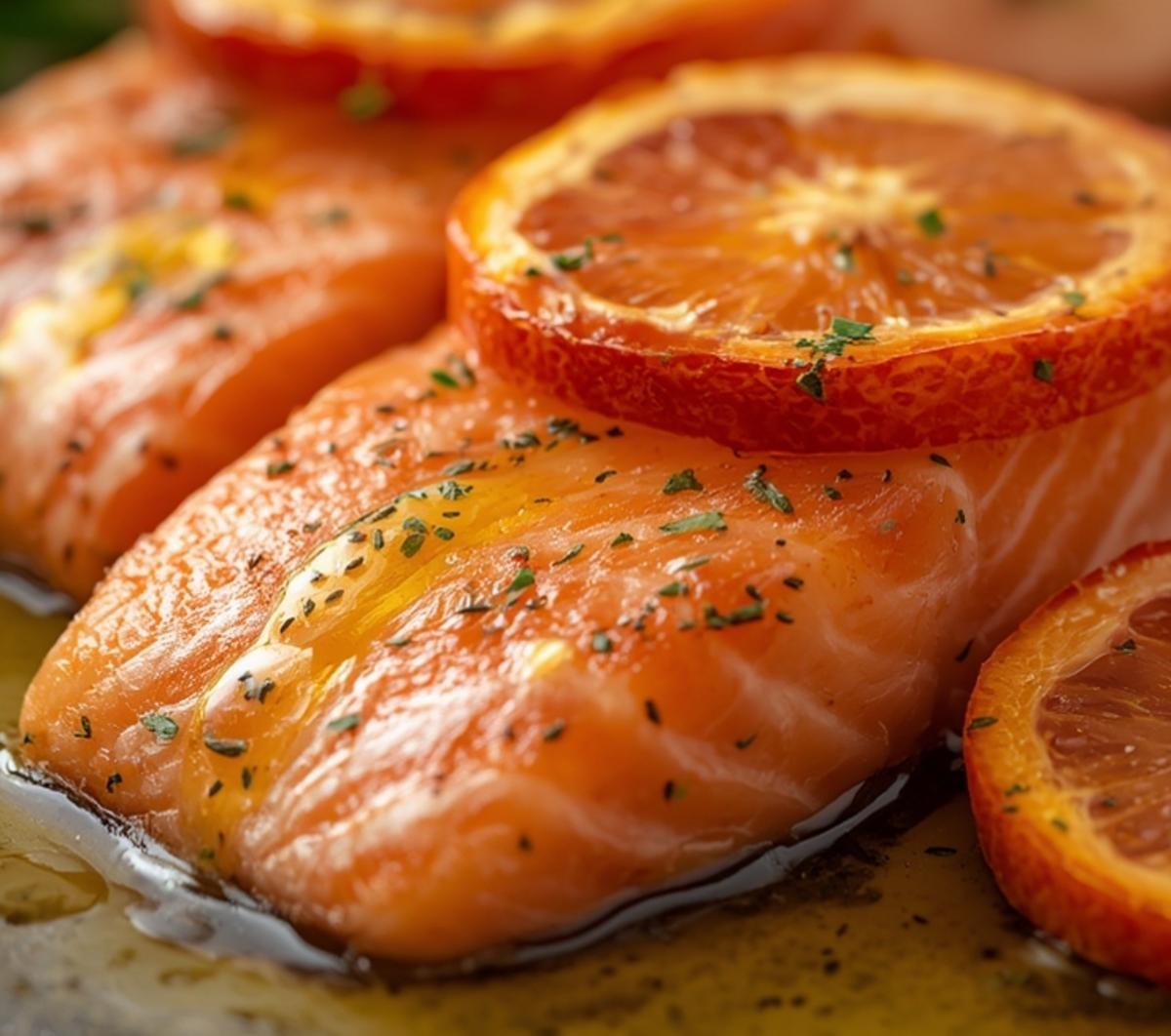 Close-up of flaky salmon fillets cooked perfectly using this Air Fryer Frozen Salmon technique.