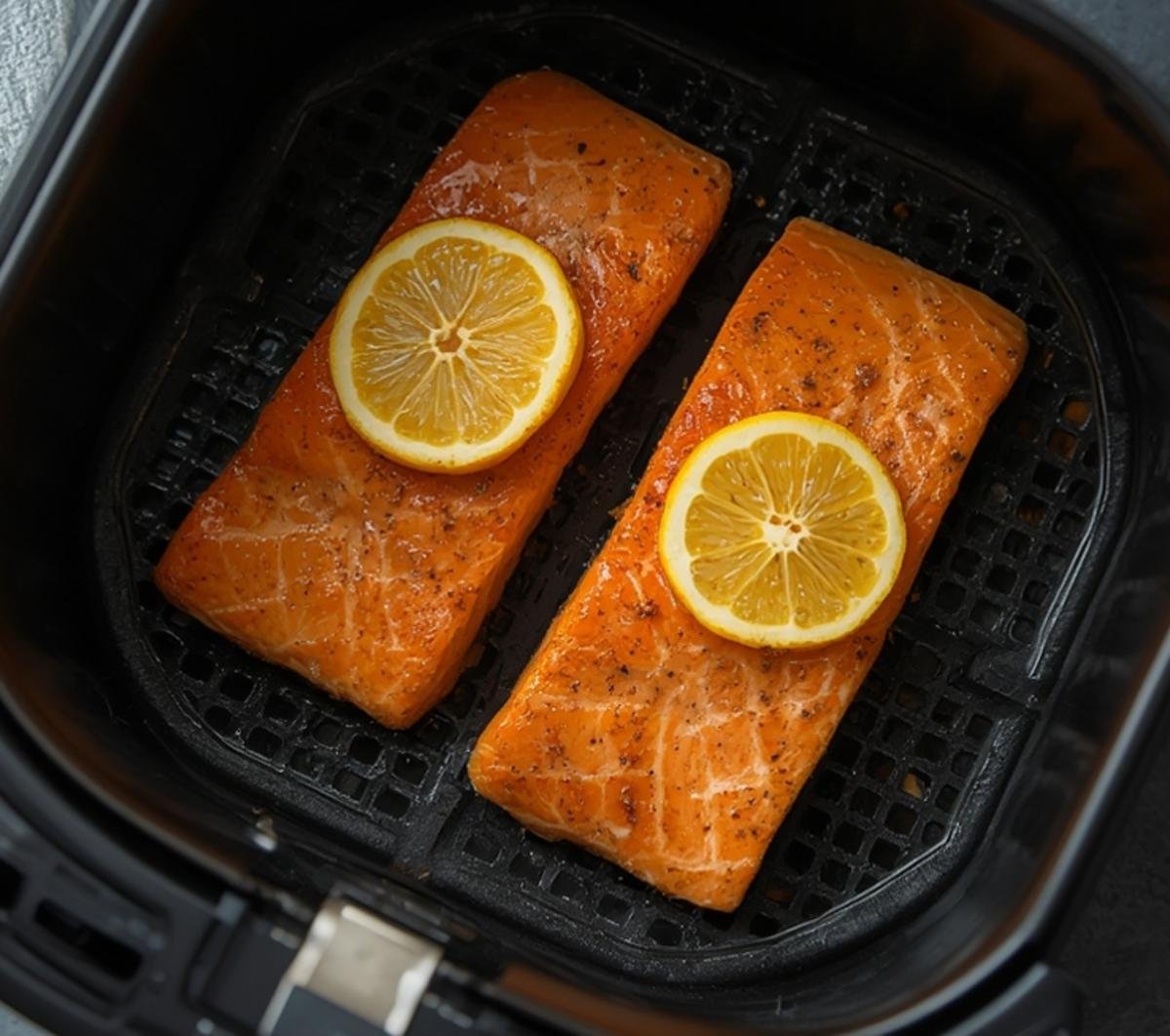 Two cooked salmon fillets with lemon slices prepared in an Air Fryer Frozen Salmon recipe.