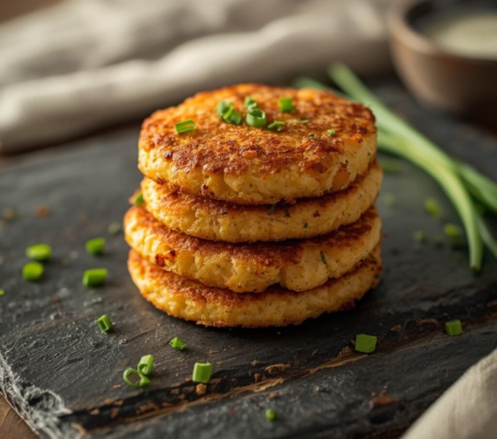 A rustic platter featuring crispy, golden-brown homemade Air Fryer Hash Brown Patties with fresh herbs.