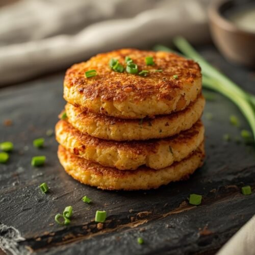A rustic platter featuring crispy, golden-brown homemade Air Fryer Hash Brown Patties with fresh herbs.