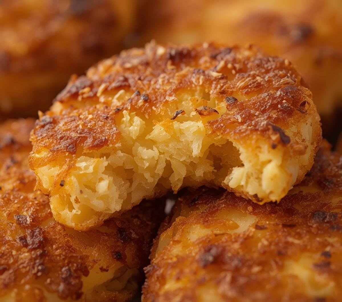 Close-up of the crispy, shredded potato texture of delicious Air Fryer Hash Brown Patties.