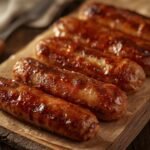 A rustic wooden platter displaying golden brown and crispy cooked Air Fryer Sausage Links