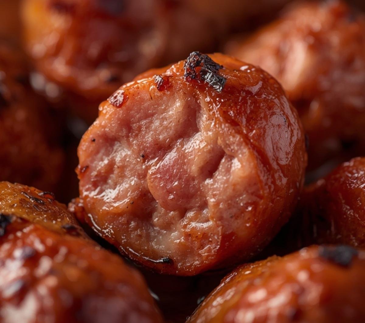 Close up detail of the charred, sizzling texture of delicious Air Fryer Sausage Links