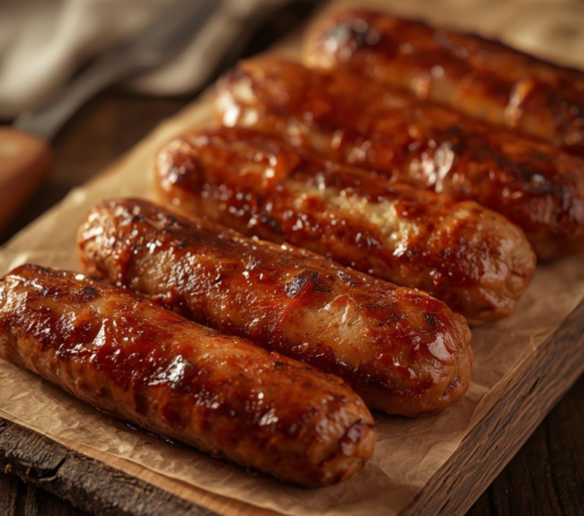 A rustic wooden platter displaying golden brown and crispy cooked Air Fryer Sausage Links