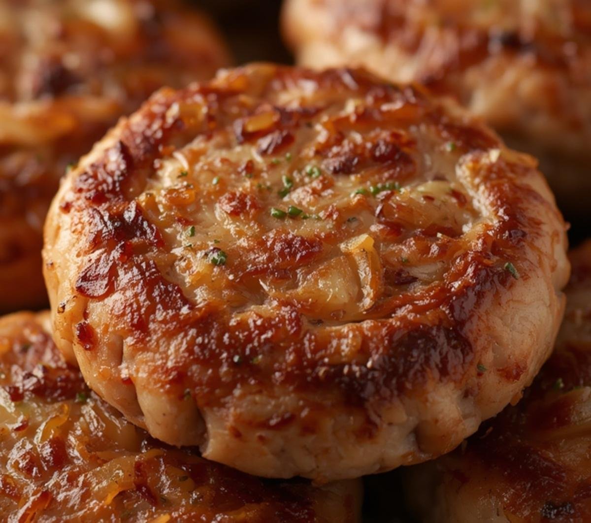 Close-up of the textured, crispy exterior of savory Air Fryer Sausage Patties.