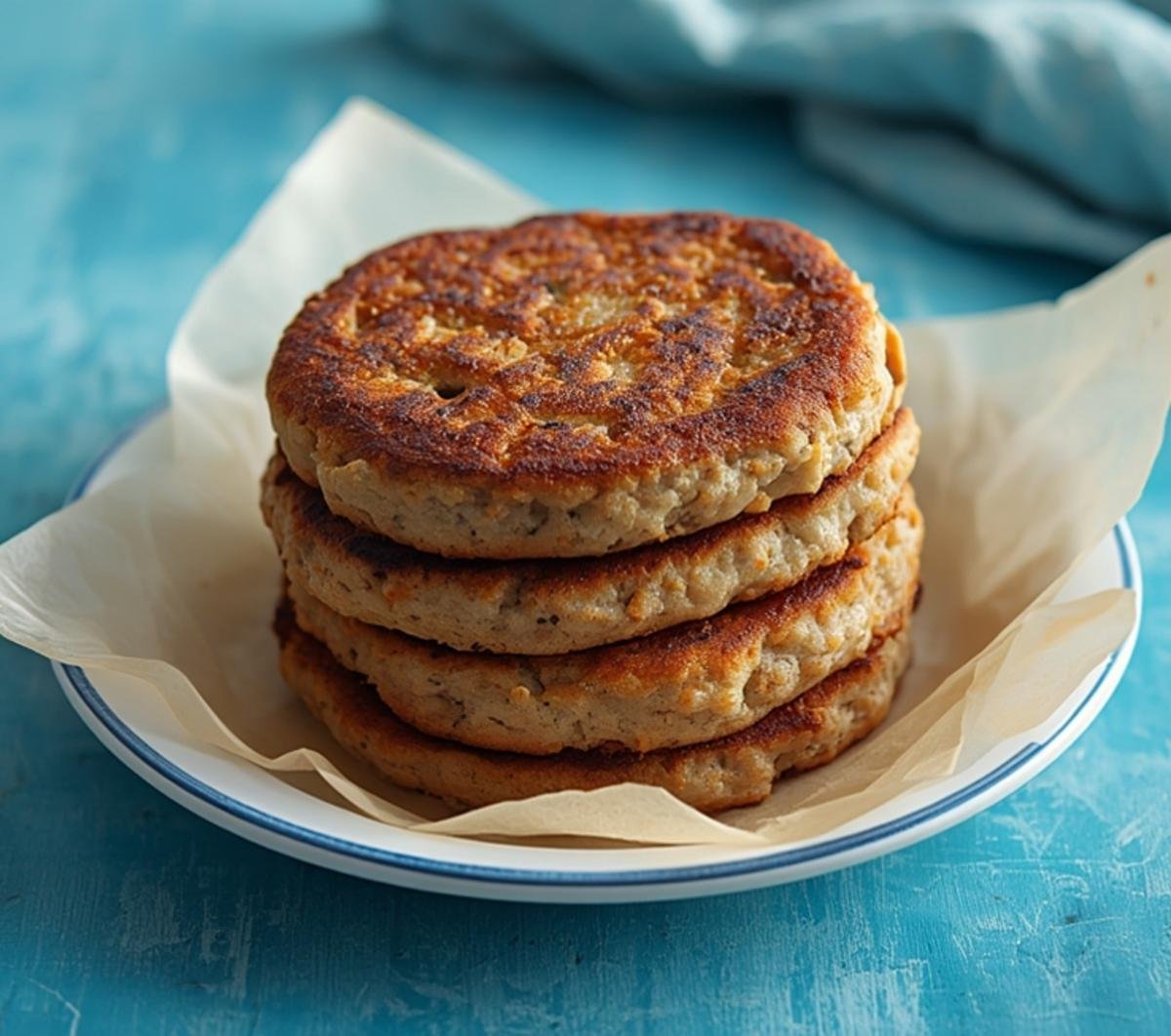 A rustic plate piled high with golden brown Air Fryer Sausage Patties for breakfast.