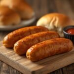 Delicious golden Air Fryer Sausages served on a rustic board with fresh soft buns