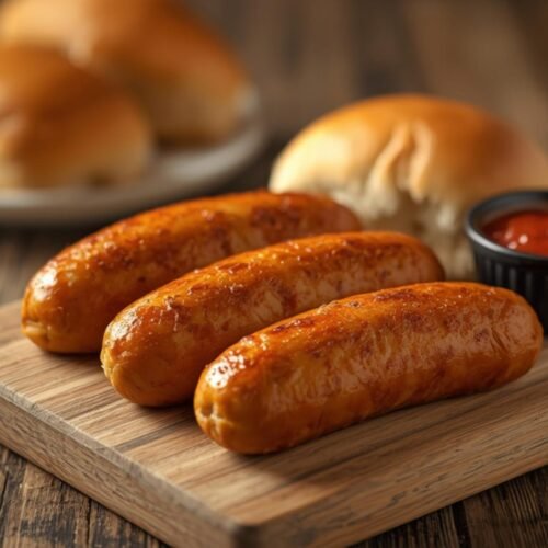 Delicious golden Air Fryer Sausages served on a rustic board with fresh soft buns