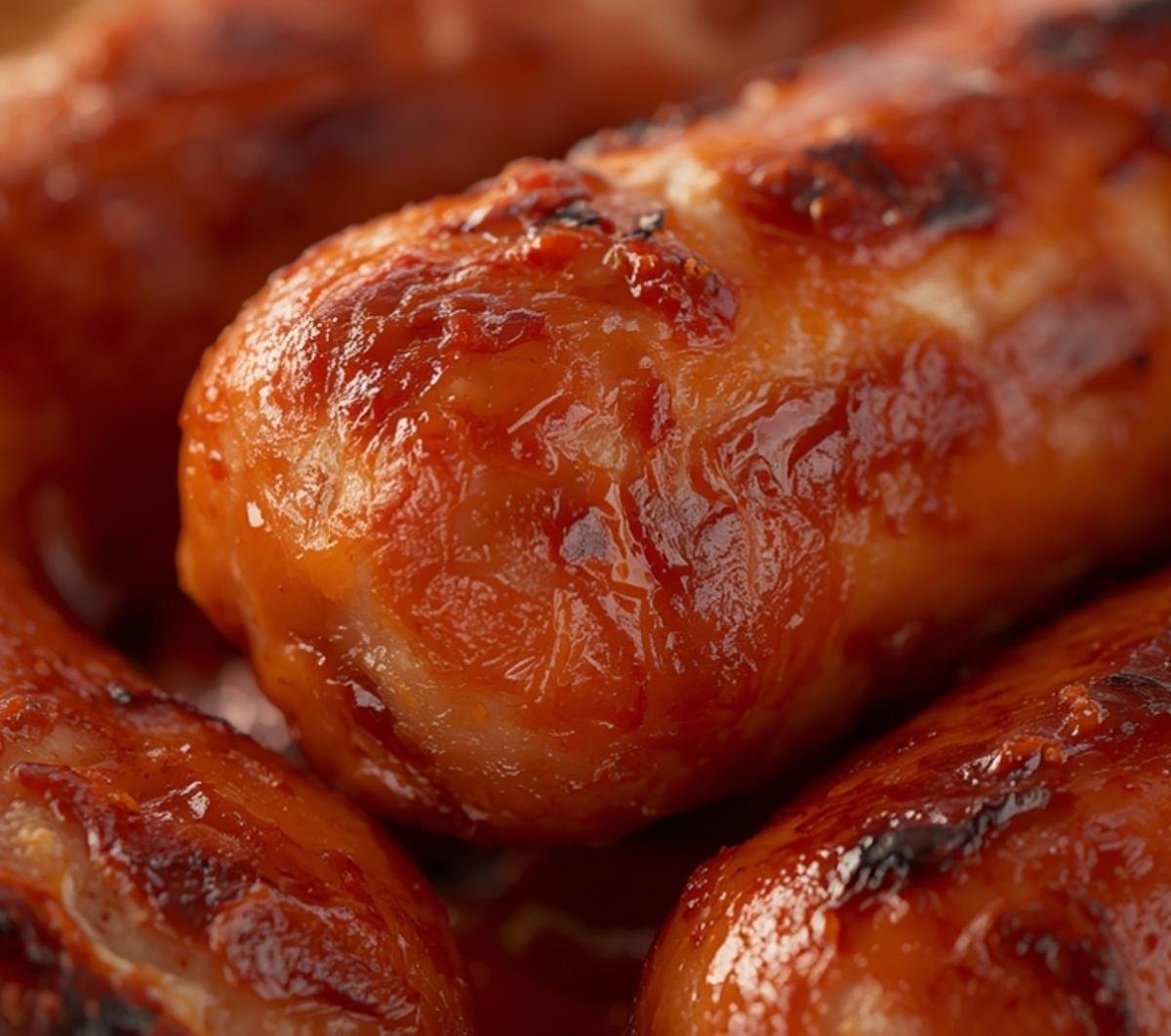 Detailed macro view showing the crispy, charred texture of perfectly cooked Air Fryer Sausages
