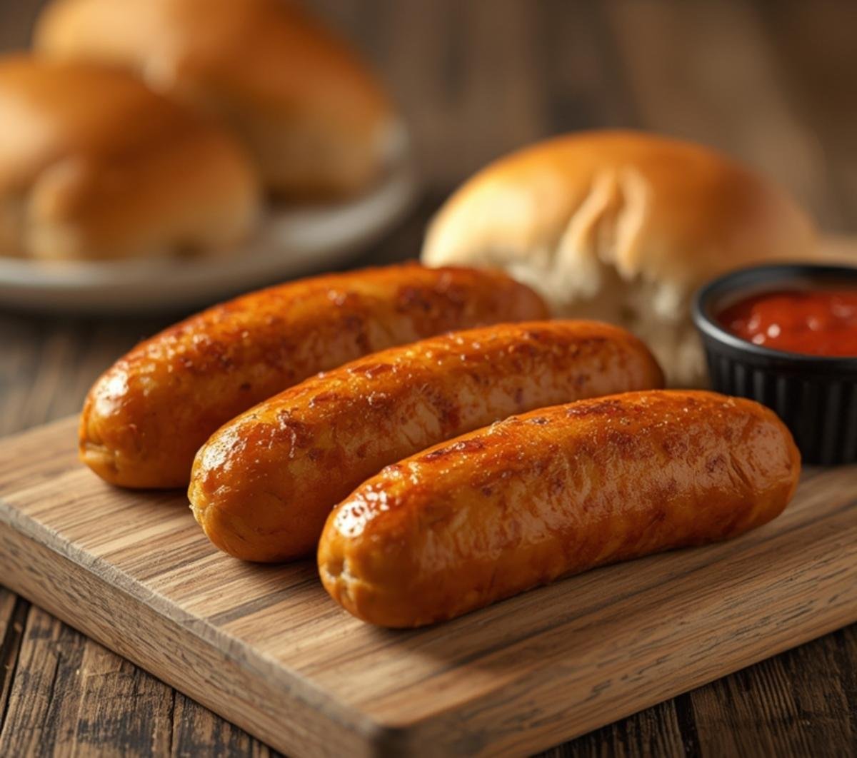 Delicious golden Air Fryer Sausages served on a rustic board with fresh soft buns