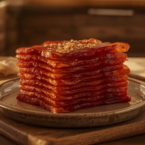 A rustic plate showing crispy Air Fryer Turkey Bacon arranged for a delicious morning breakfast