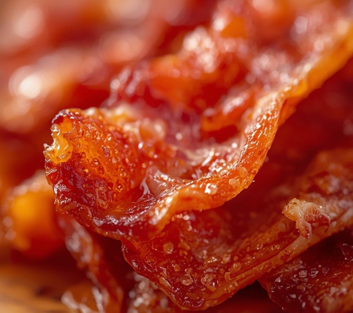 Detailed texture shot of crispy Air Fryer Turkey Bacon showing the perfectly cooked edges