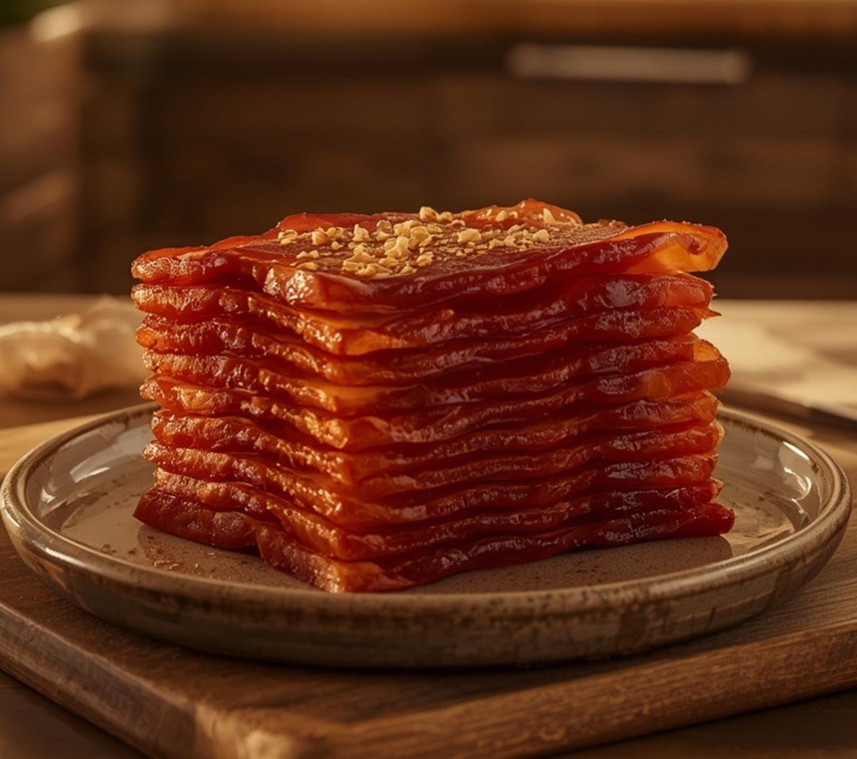 A rustic plate showing crispy Air Fryer Turkey Bacon arranged for a delicious morning breakfast
